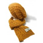 Cashmere and Merino Blend Chunky Cable Knit Slouch Beanie & Scarf Set - Gold
